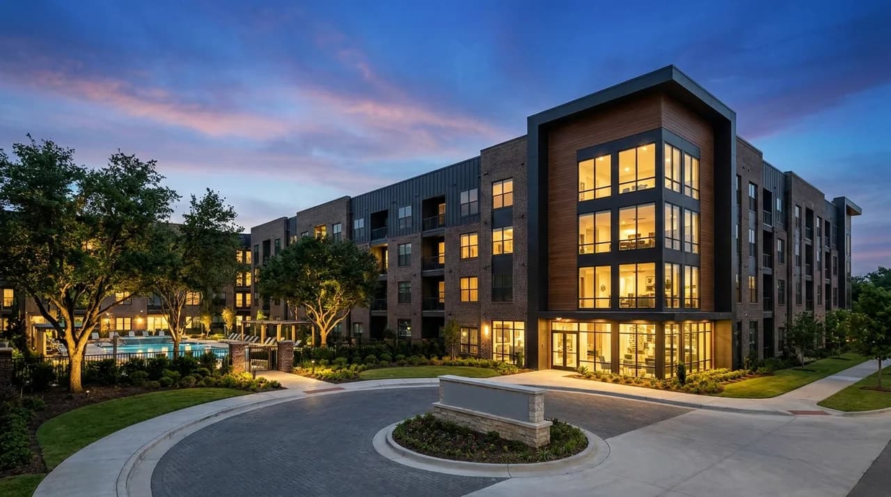 A modern apartment community at twilight with a lit leasing office and pool courtyard