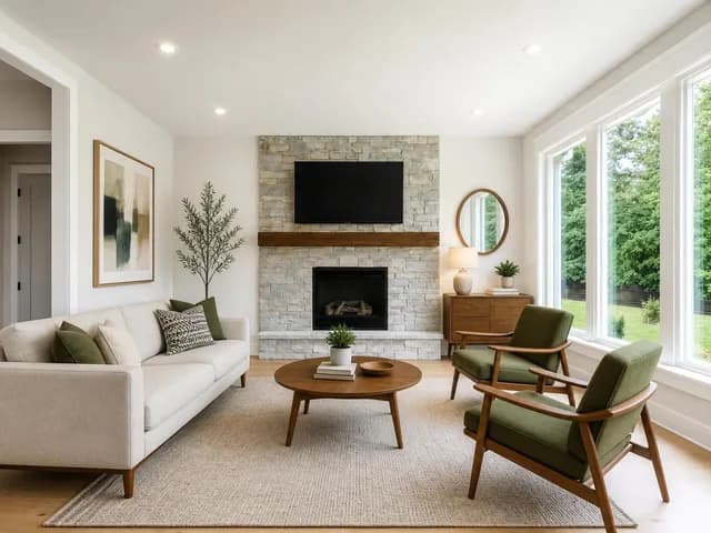 The same living room virtually staged in midcentury modern style with a sofa, armchairs and a rug