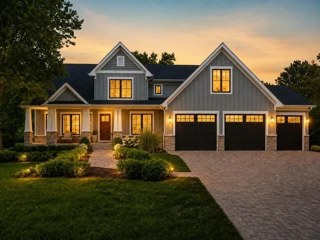 The same exterior re-lit by AI as a warm amber twilight shot with the windows glowing