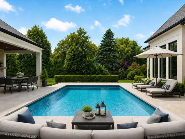 The same pool deck staged by AI with outdoor lounge chairs, cushions and lanterns