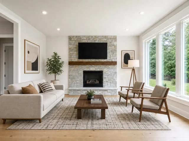 A plain living room with a fireplace and an undecorated mantel