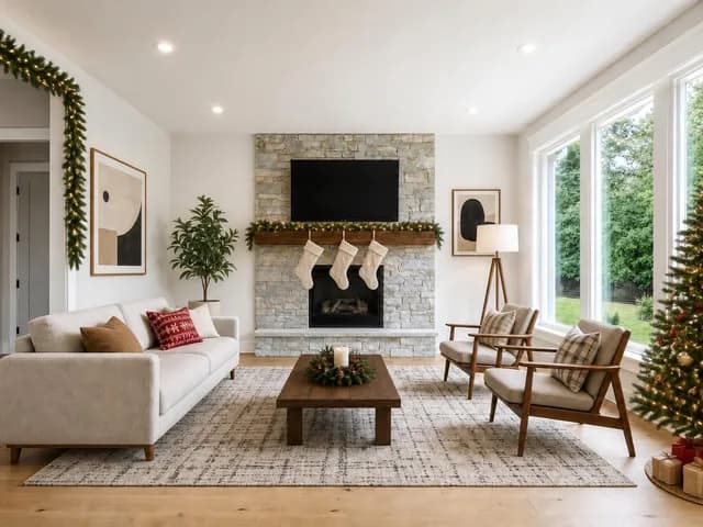The same living room dressed for the holidays by AI with a tree, garland and stockings