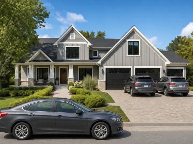 A listing photo of a house with cars parked across the driveway