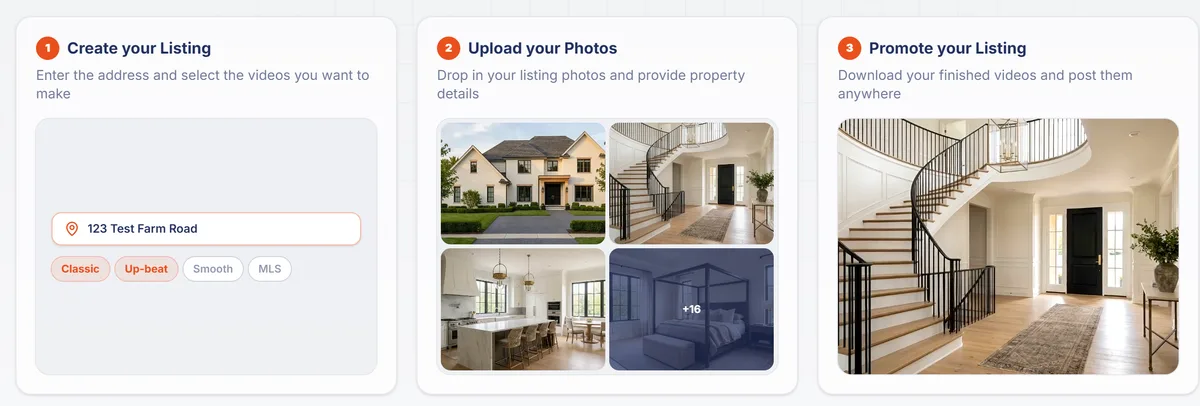 The three EZ Reel steps as the site shows them: create your listing, upload your photos, then download and post